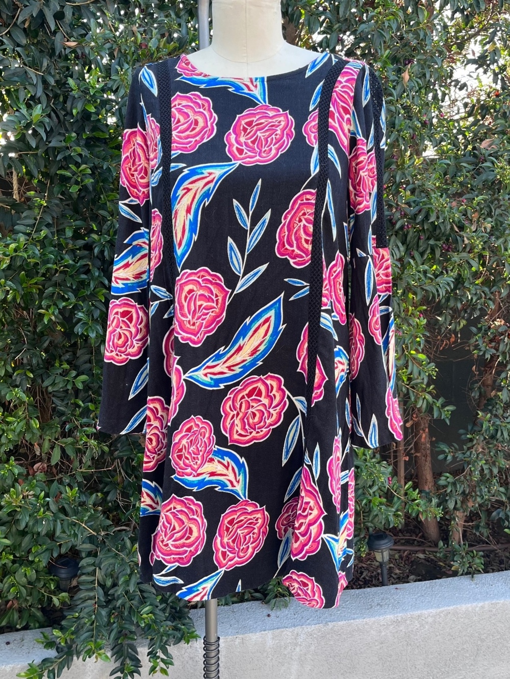 NWT Roxy Floral Top Size Large Black Pink Long Sleeve Blouse Dress Boho Surfer